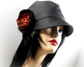 Cloche Cap, the Emily in Black Faux Leather with Detachable Flower Free Shipping SMALL