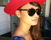 Vintage Saks Fifth Avenue Red Straw Sun Hat With Original Box / BOHO Hat/ RESORT HAT