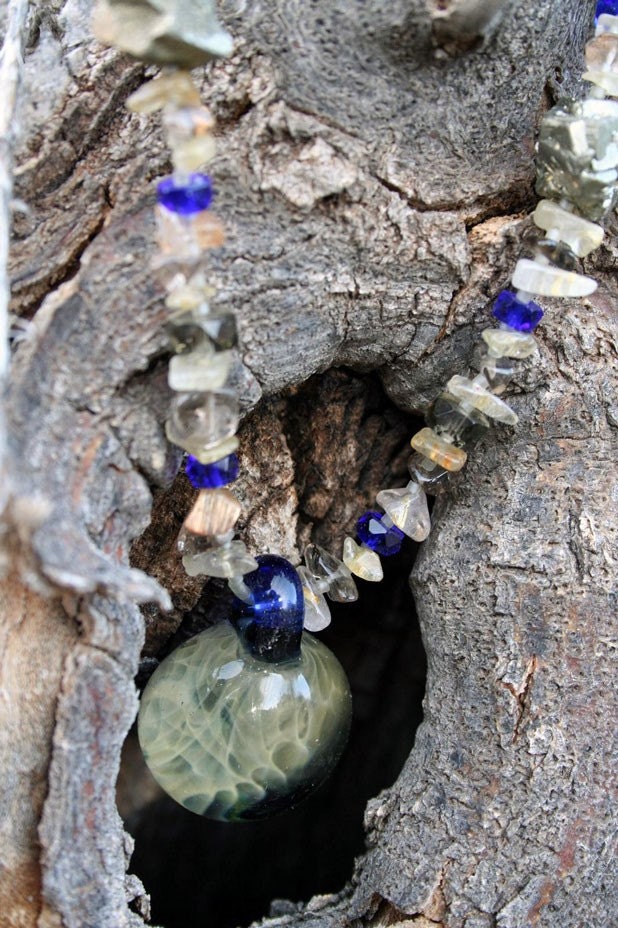 SMOKE RINGS Necklace (Lampwork glass, Smoky Quartz, Pyrite)