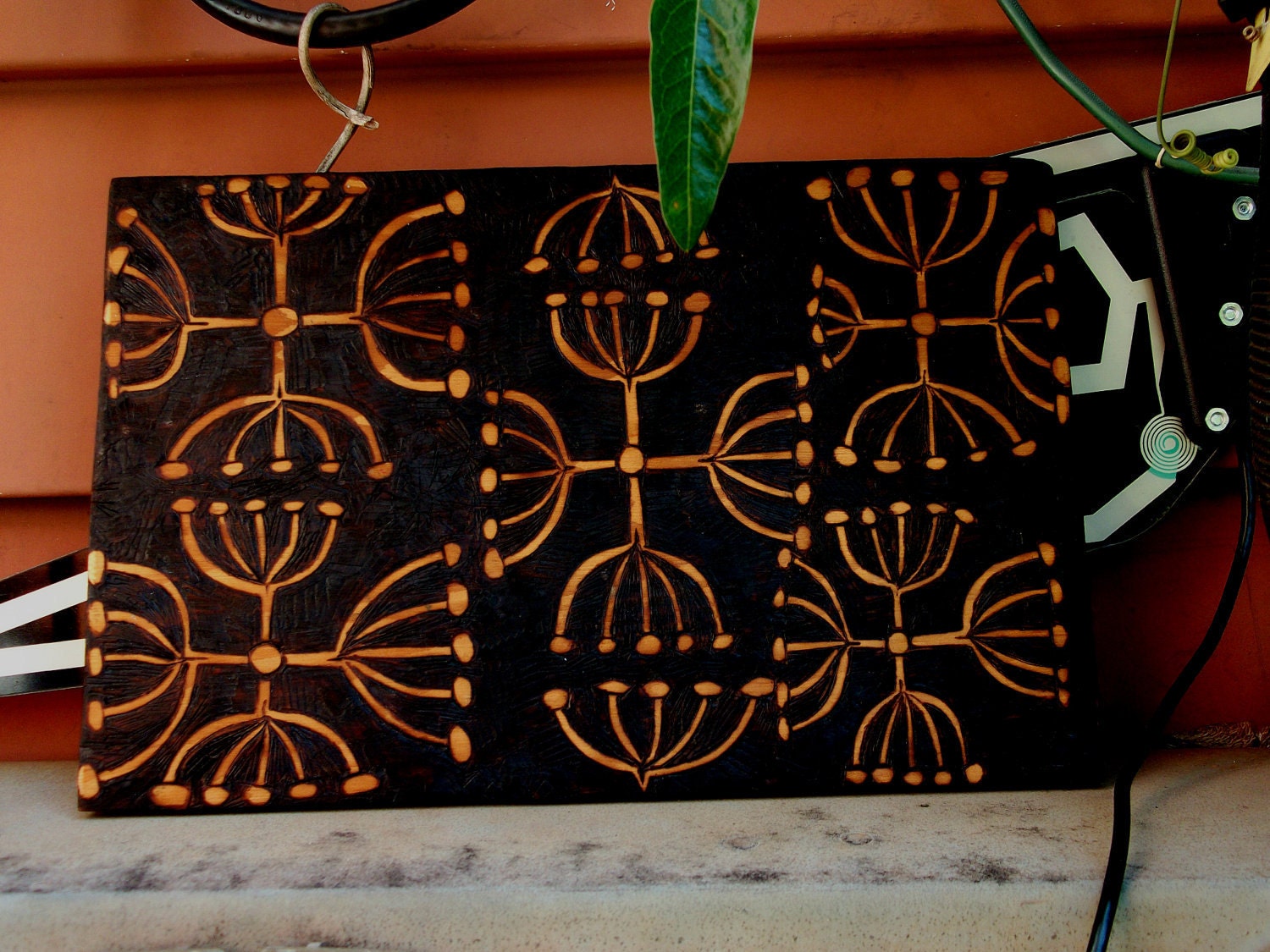 abstracted seedpod ooak design-upcycled wood, wall hanging,  woodburning, burnedfurniture, pyrography