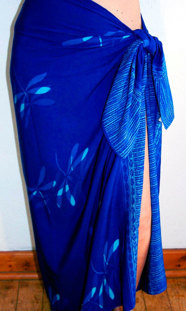 Cobalt Blue Sarong with Turquoise Dragonflies Batik Sarong Womens Wrap Skirt Swimsuit Coverup Beach Pareo