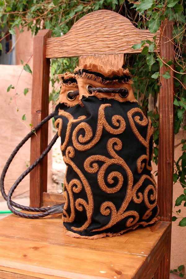 Black Backpack Bag Purse Embroidered Cotton Canvas Backpack Purse Caramel Brown Spiral Leather Handles Womens Boho Handbag Purse
