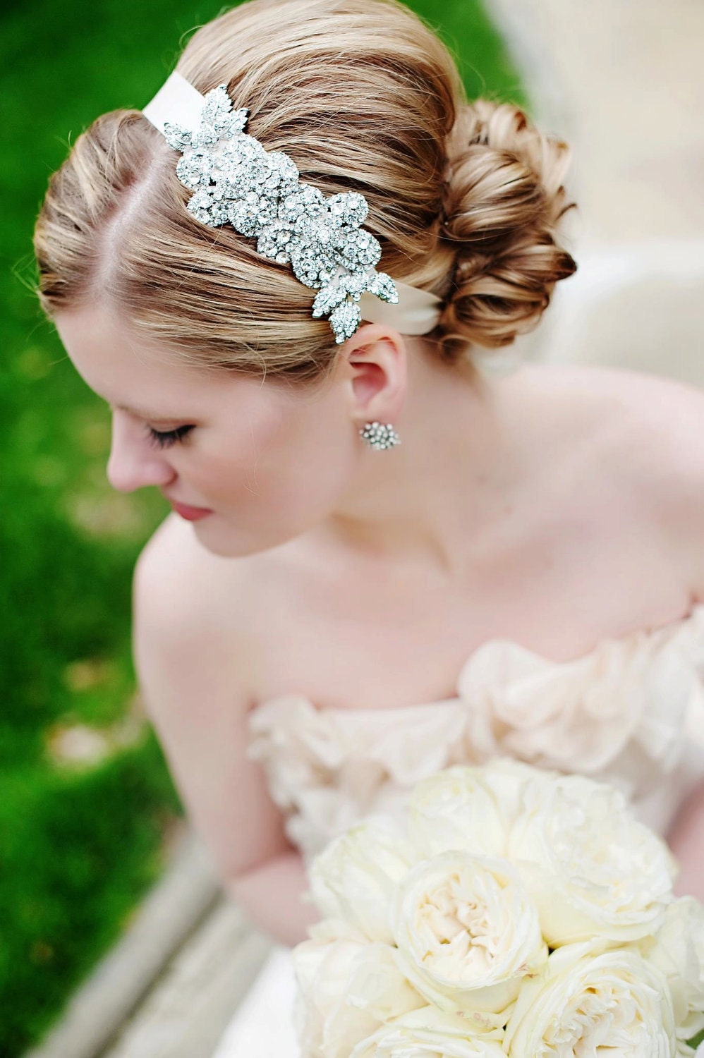 085 - BEST SELLER - Double Rhinestone Rose Headband- Crystal, Wedding, Bridal, Headpiece
