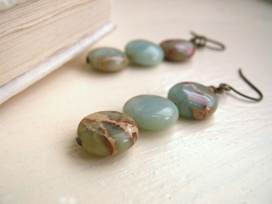 Aqua Jasper Dangle Earrings on Antiqued Brass - Aqua Terra