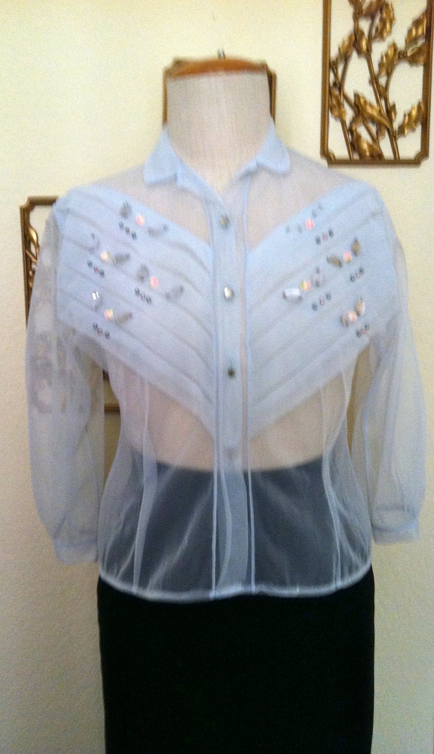 CLEARANCE Blue Sky & Silver Leaves 50s Pintucked Sheer Blouse