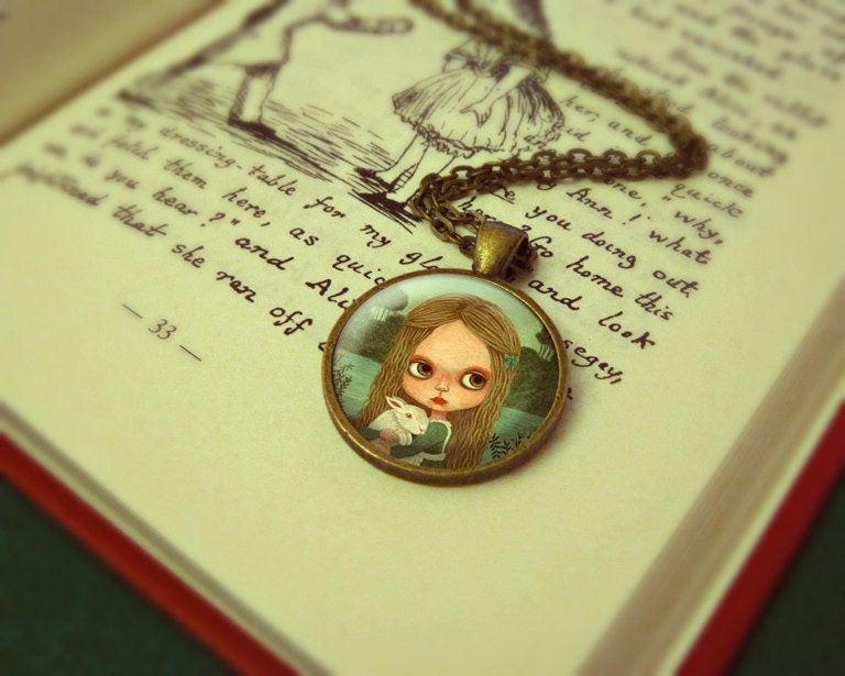 Kids Jewelry, Girl Necklace, Jewelry Girls, Photo Jewelry Glass Pendant Gift Girl, Cute, Alice In Wonderland, Blythe - Alice & White Rabbit