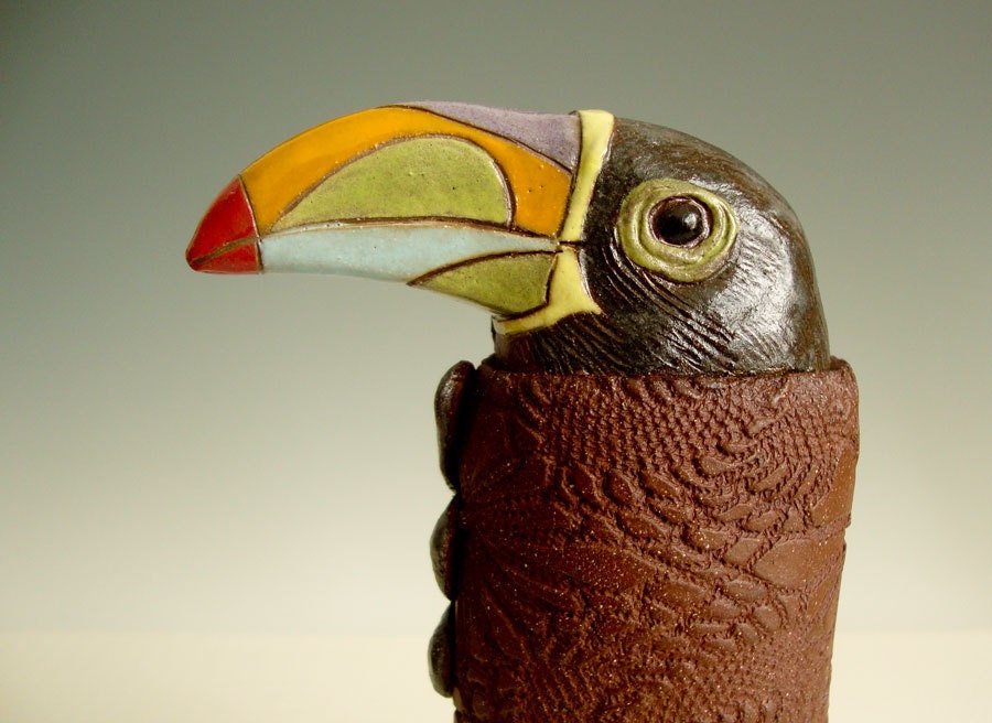 Toucan Sculpture Rainforest Spirit Bird original ceramic clay by Denise Ferragamo