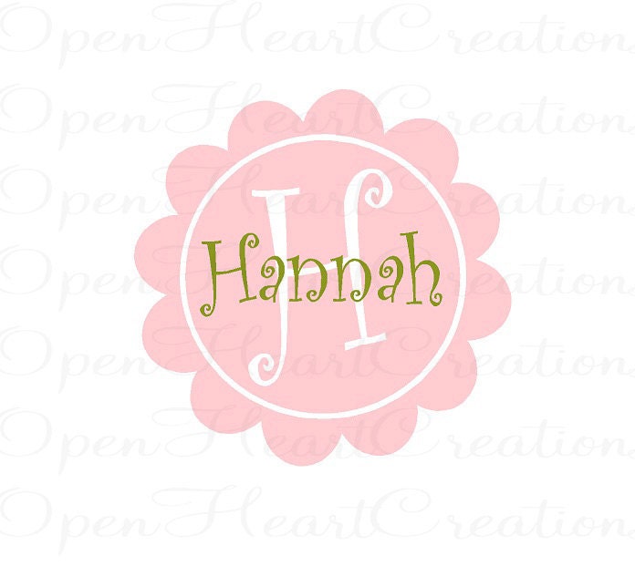 Scallop Circle Name Wall Decal - Initial and Name Monogram with Flower Frame Border - 22 in Circle - FI0013