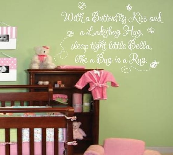 With a Butterfly Kiss and a Ladybug Hug Wall Decal with Personalized Baby Name - Girl Room Decor Quote Saying Poem 22hX36w INCHES BA0086