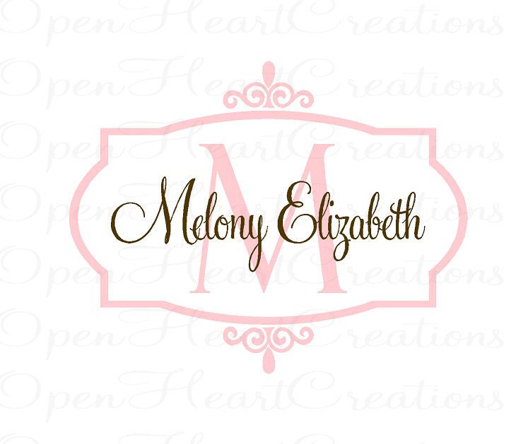 Initial and Name Vinyl Wall Decal with Frame Border - Baby Nursery Monogram Vinyl Lettering Decal Sticker 22H x 28W FN0264