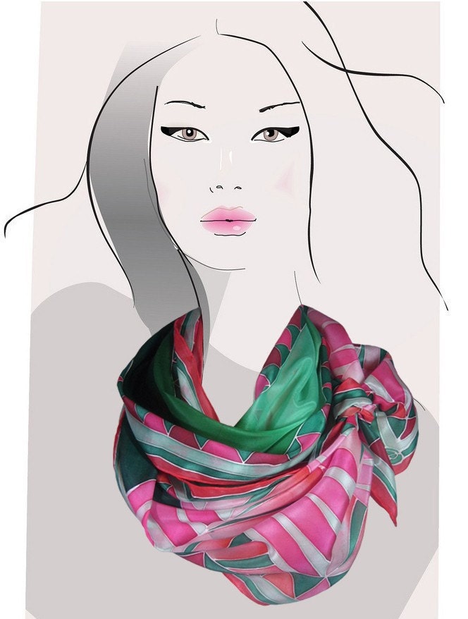 Hand painted silk scarf.  (Green and Pink):  Deco Mountains
