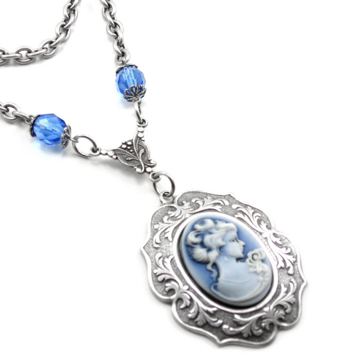 Neo Victorian Cameo Necklace - Dearly Departed - with Sapphire Blue Czech Glass Accents - By Ghostlove