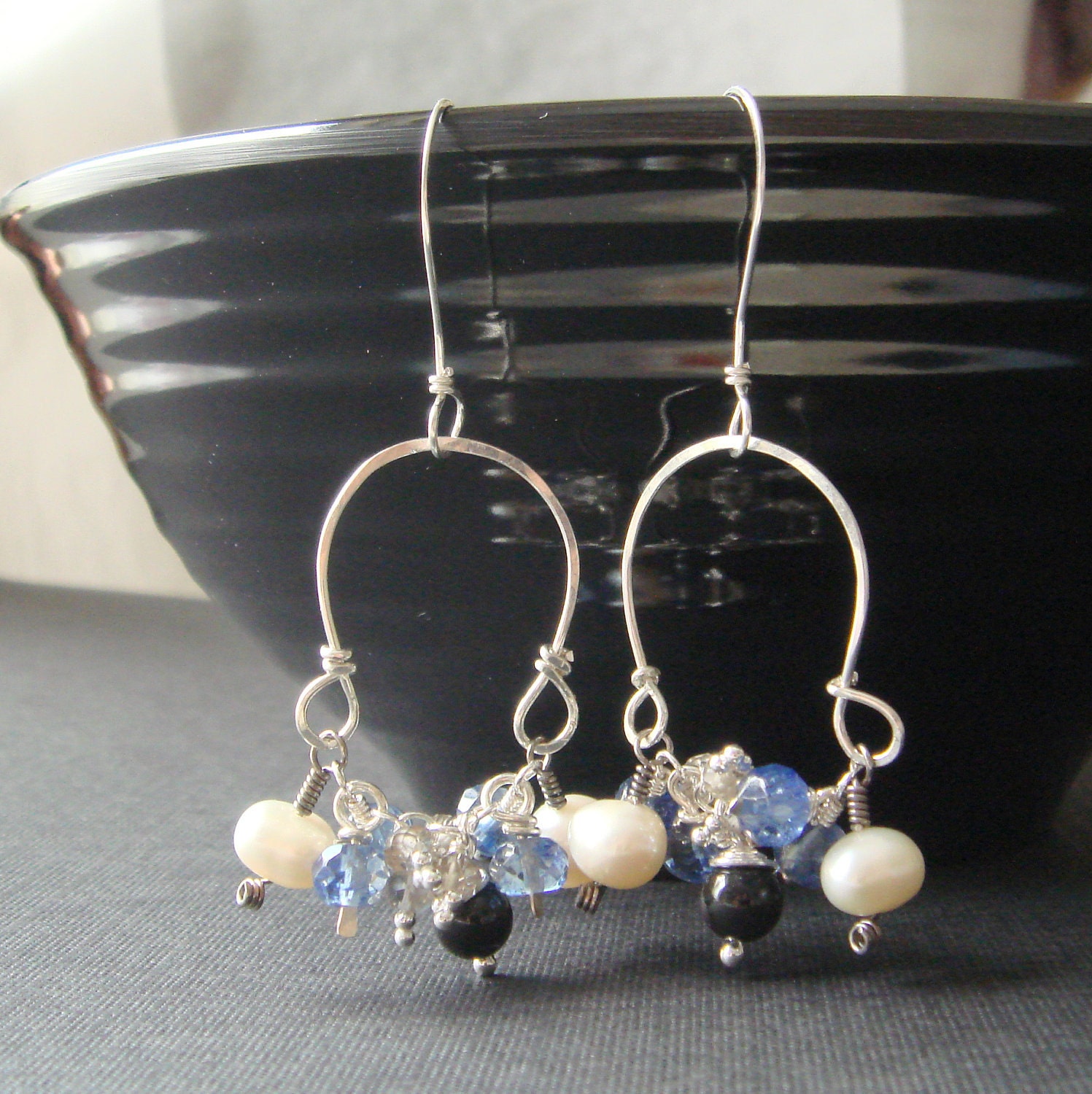 sophistication chandelier earrings with pearl, quartz and silver // blue jeans