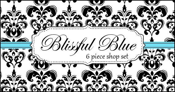 Blissful Blue Boutique (Black/White Damask) 6 Piece Etsy Shop Banner Graphic Set