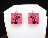 Owl In Tree Pink Handmade Glass Tile Earrings