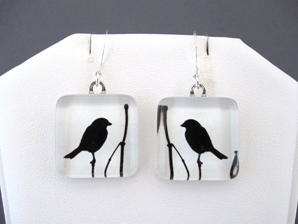Black and White Bird Handmade Glass Tile Earrings