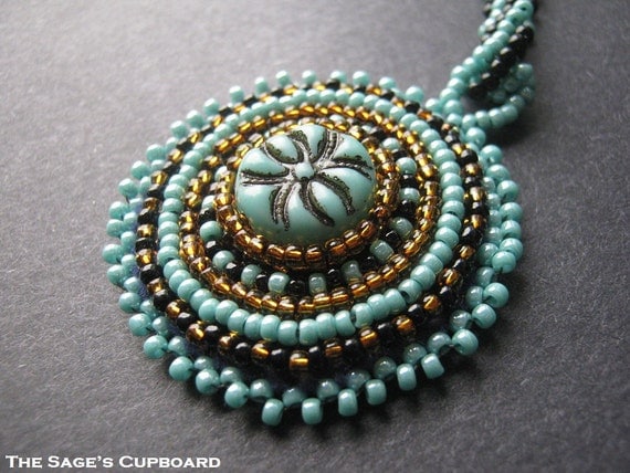 Turquoise Blue Pendant. Bead Embroidery Medallion with Black and Aqua Striped Chain