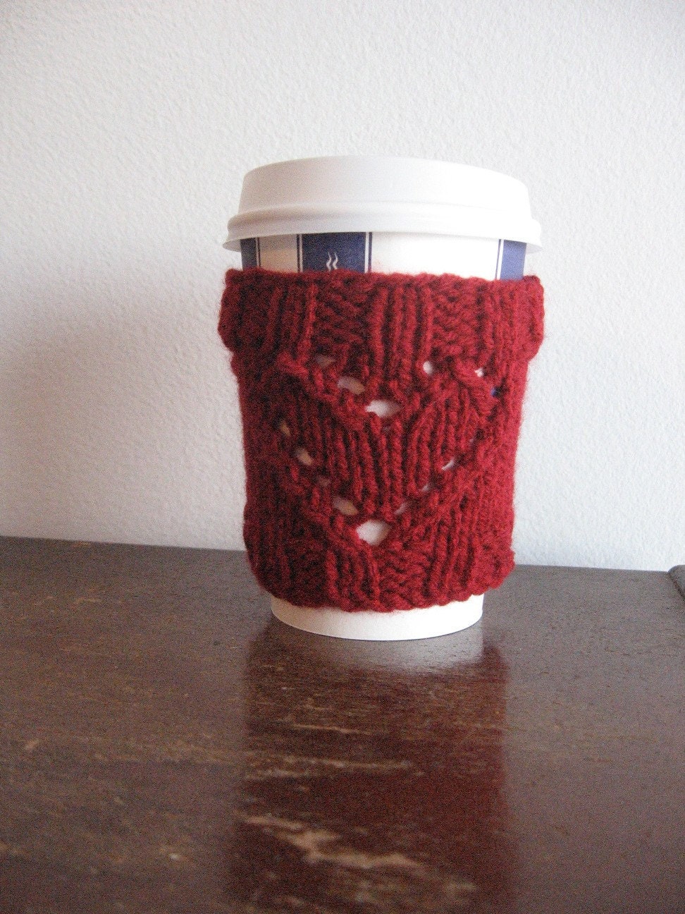 Coffee Sleeve Cranberry Red Heart Lace Vegan Coffee Cup Cozy Knit Cozy