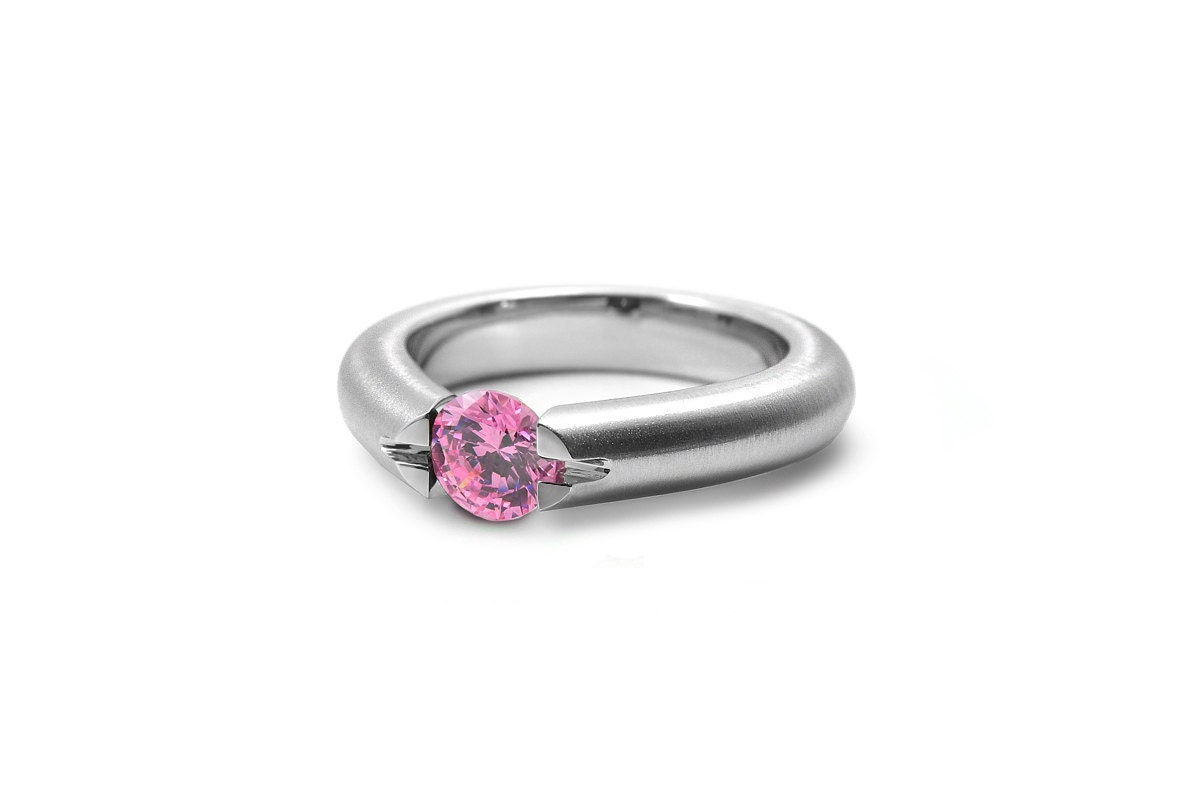 Round Pink Sapphire Ring in Stainless Steel