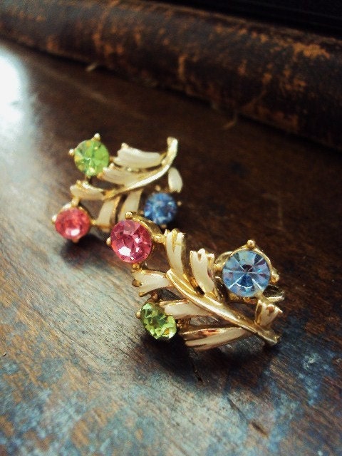 Vintage Mid Century Coro Earrings Rhinestones and Painted Enamel