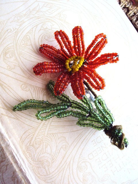 Vintage Czech Seed Bead Flower Brooch