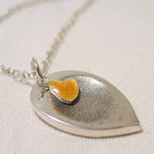 Fingerprint Jewellery Leaf Pendant with Tiny Gold Heart Charm: Personalized Enamel Silver Necklace