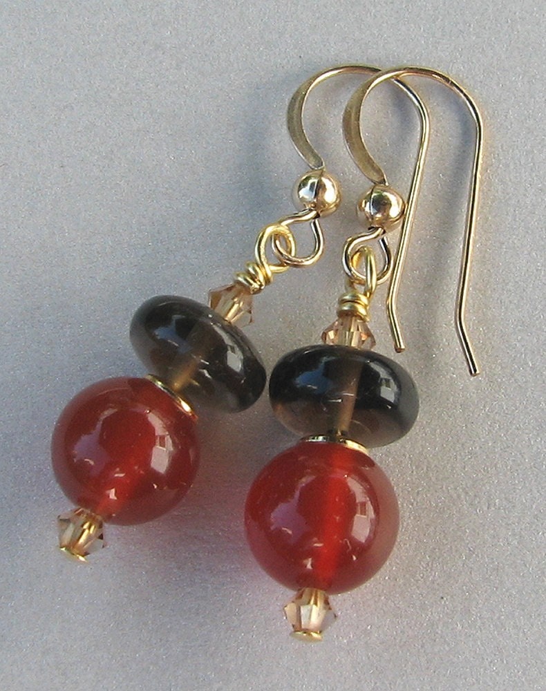 Carnelian and Smokey Quartz 14K Gold filled Earrings