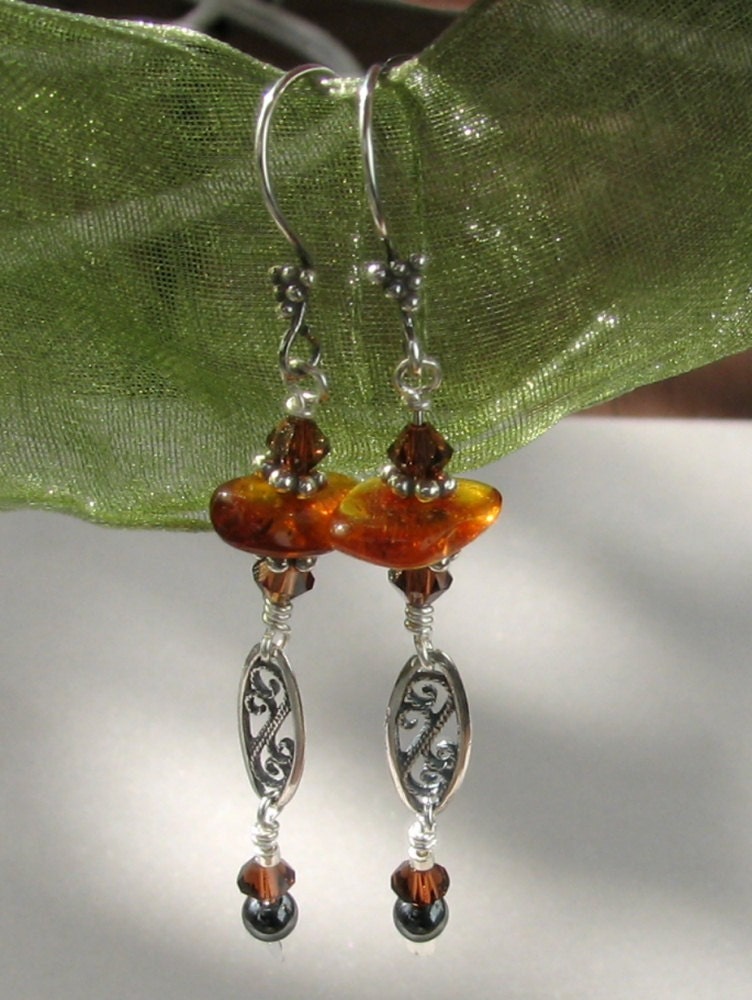 Amber and Crystal Sterling Silver Earrings