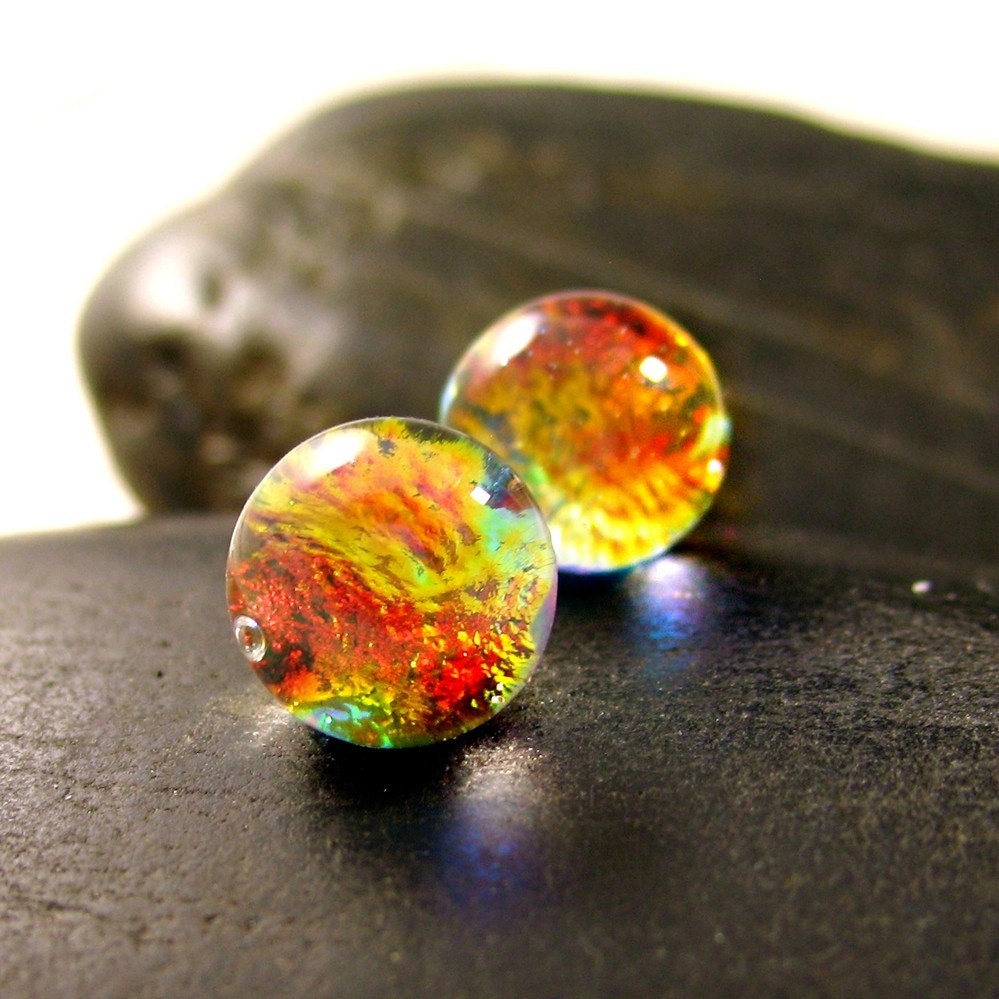 Teeny Tiny Tangerine Tango Dichroic Glass Stud, Post Earrings