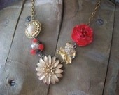 Painting The Roses Red Vintage Cluster Earring Assemblage Necklace Alice In Wonderland Inspired Statement Necklace, Boho Chic