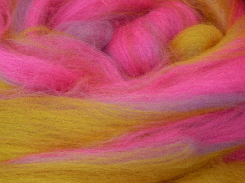 Merino, wool roving, Custom blend, Sailor's Delight Bold, 8 ounces,magenta, yellow, lilac