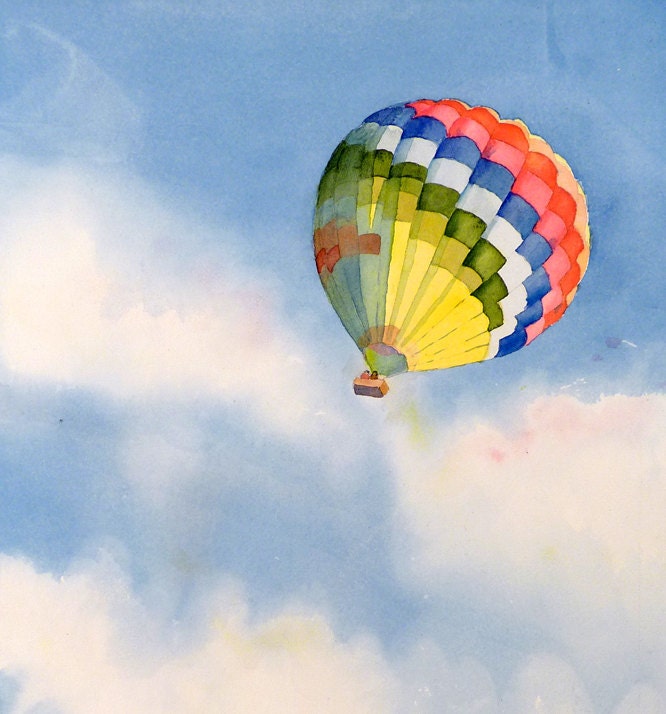 Hot Air Balloon Art - Painting Watercolor Print - Sky Art, Balloon Art, Flying Art Home Decor - Kids Men Women - Rainbow Blue 10.6 x 13.6