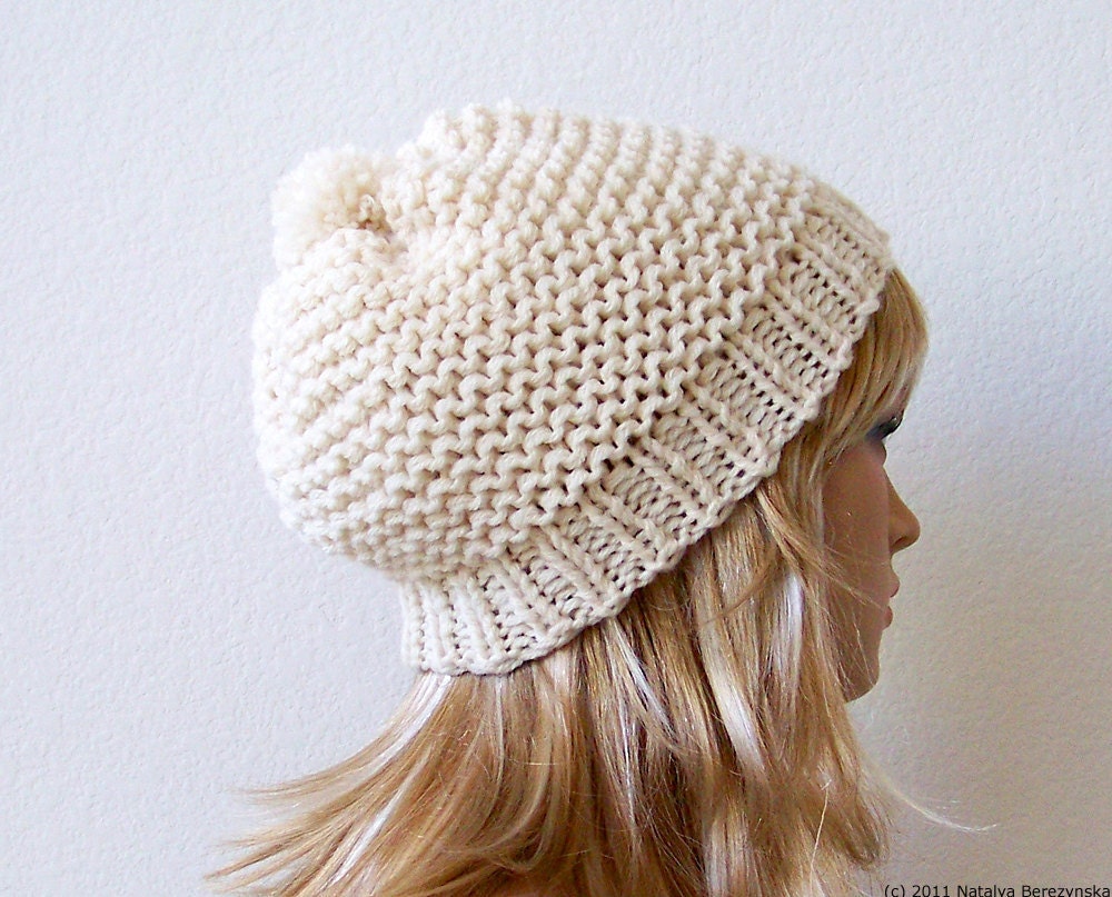White Slouchy Beanie - Pom Pom Hat - Winter Hat  Knit Hat - Pom Pom Hat - Knitted Chunky Beanie - Womens Hat  - Fathers Day Gift