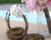 Love Birds Bird Nest Flower Girl Basket and Ring Bearer Pillow SET Shabby Cream Ivory Paper Roses Rustic CHIC