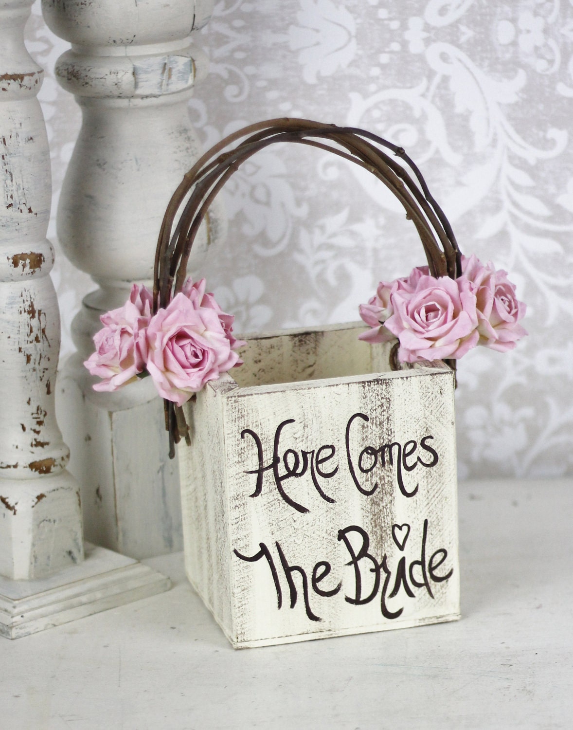 Flower Girl Basket Rustic Wedding Decor Pink Paper Roses (item B10269)