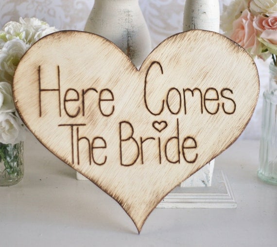 Here Comes The Bride Flower Girl Ring Bearer Sign 12" Engraved Rustic Wedding Decor (item E10150)