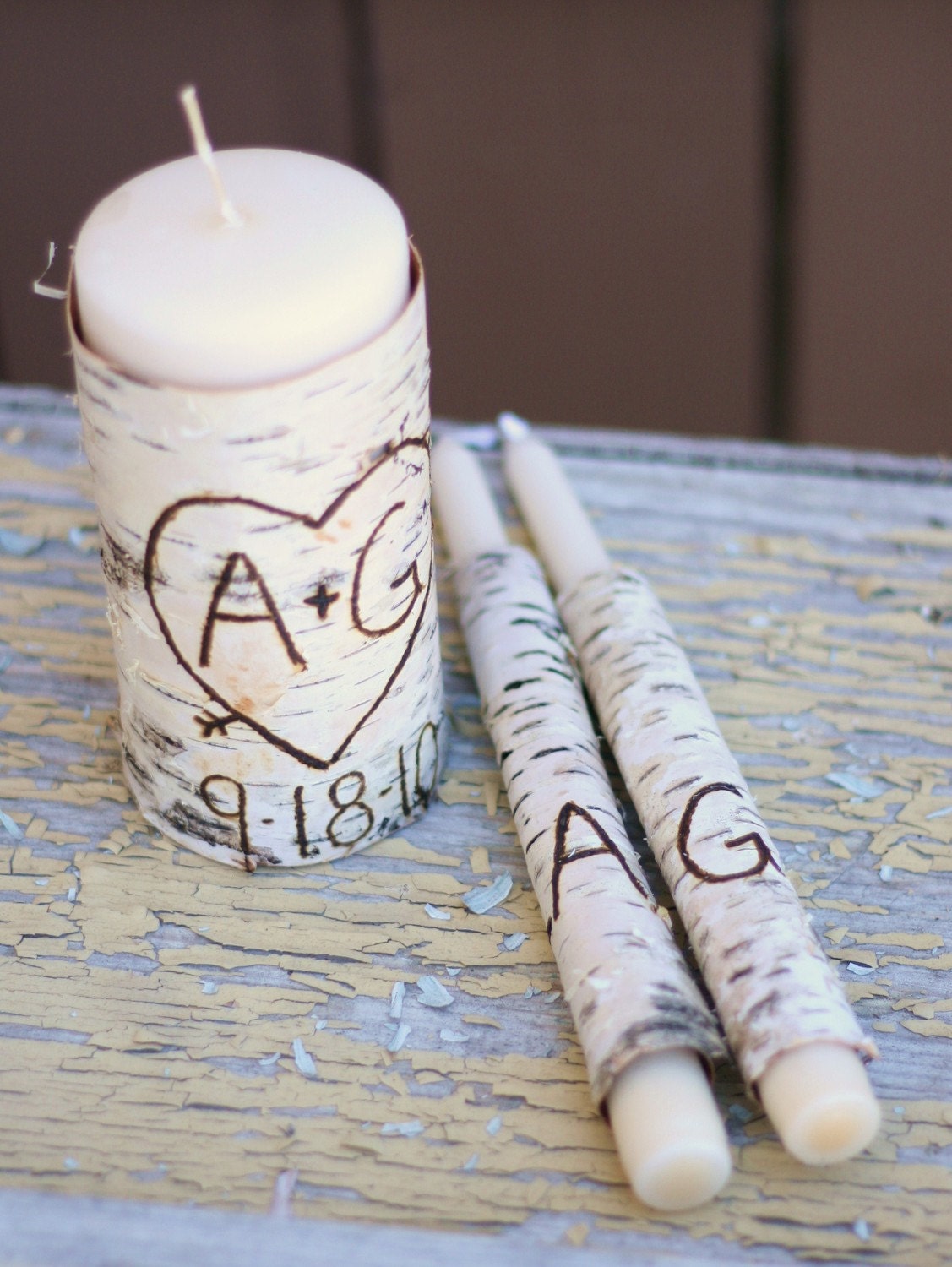 Personalized Unity Candle Set Rustic Birch Bark