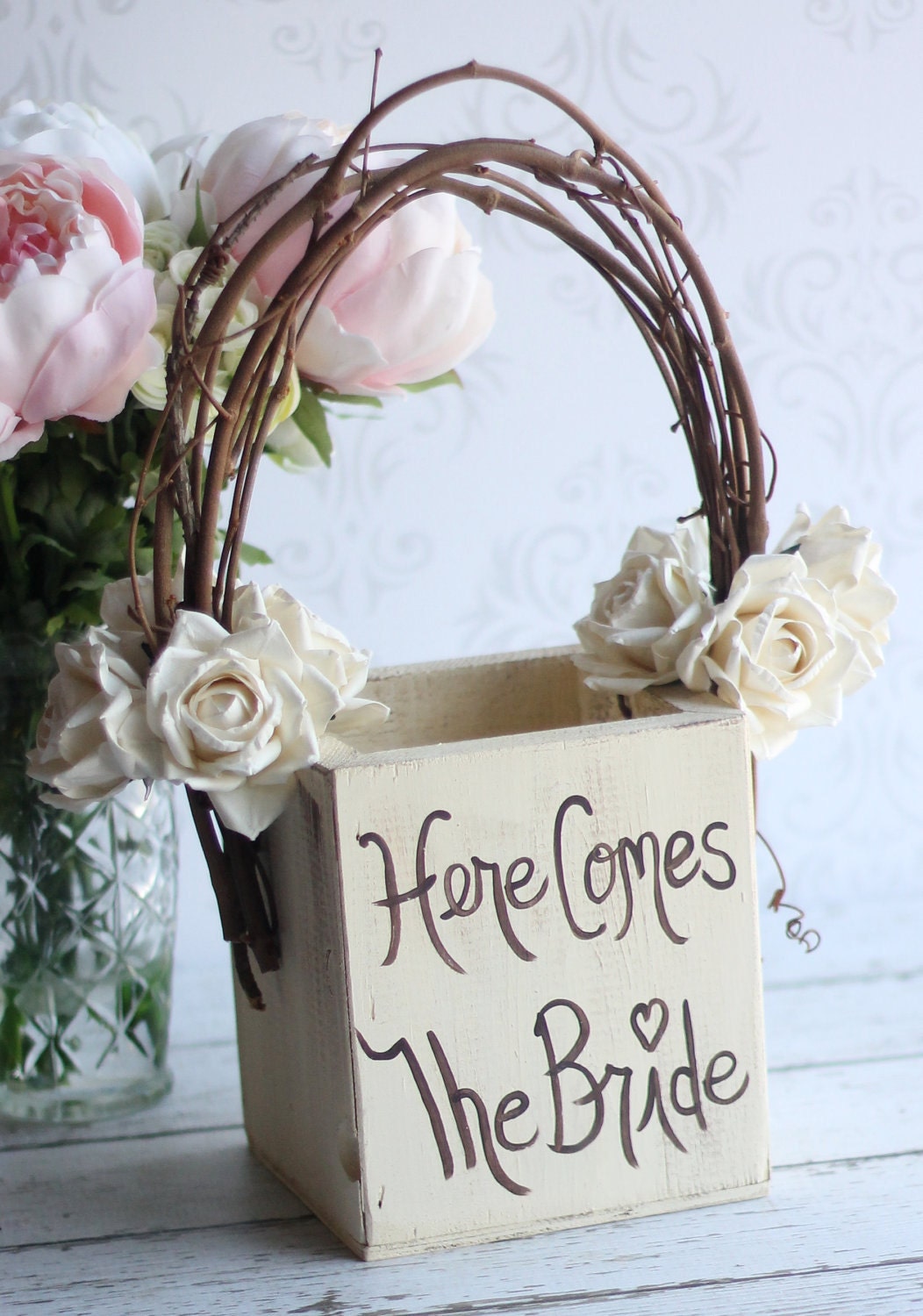 Personalized Flower Girl Basket Rustic Wedding Decor Vintage Roses (item P10105)