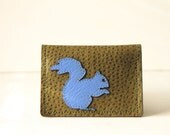 woodland squirrel wallet / card case - "squirrel it away" - periwinkle blue on vegan green pleather