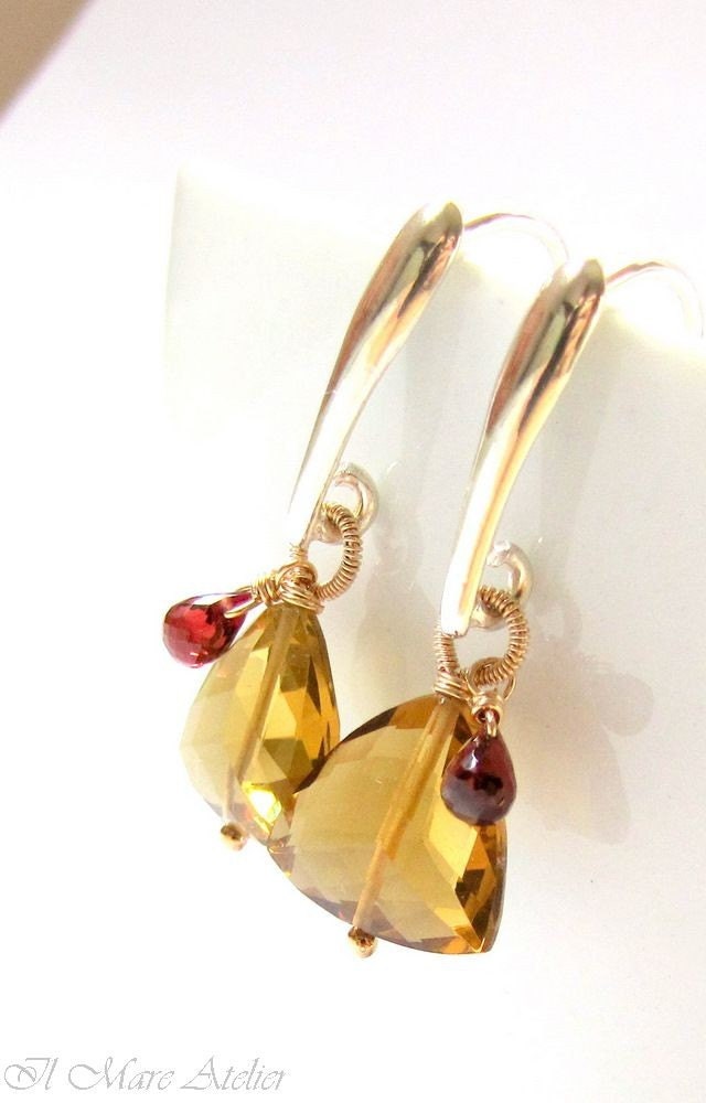 SALE Cognac Quartz, Red Garnet and Sterling Silver earrings - Petite Hearts