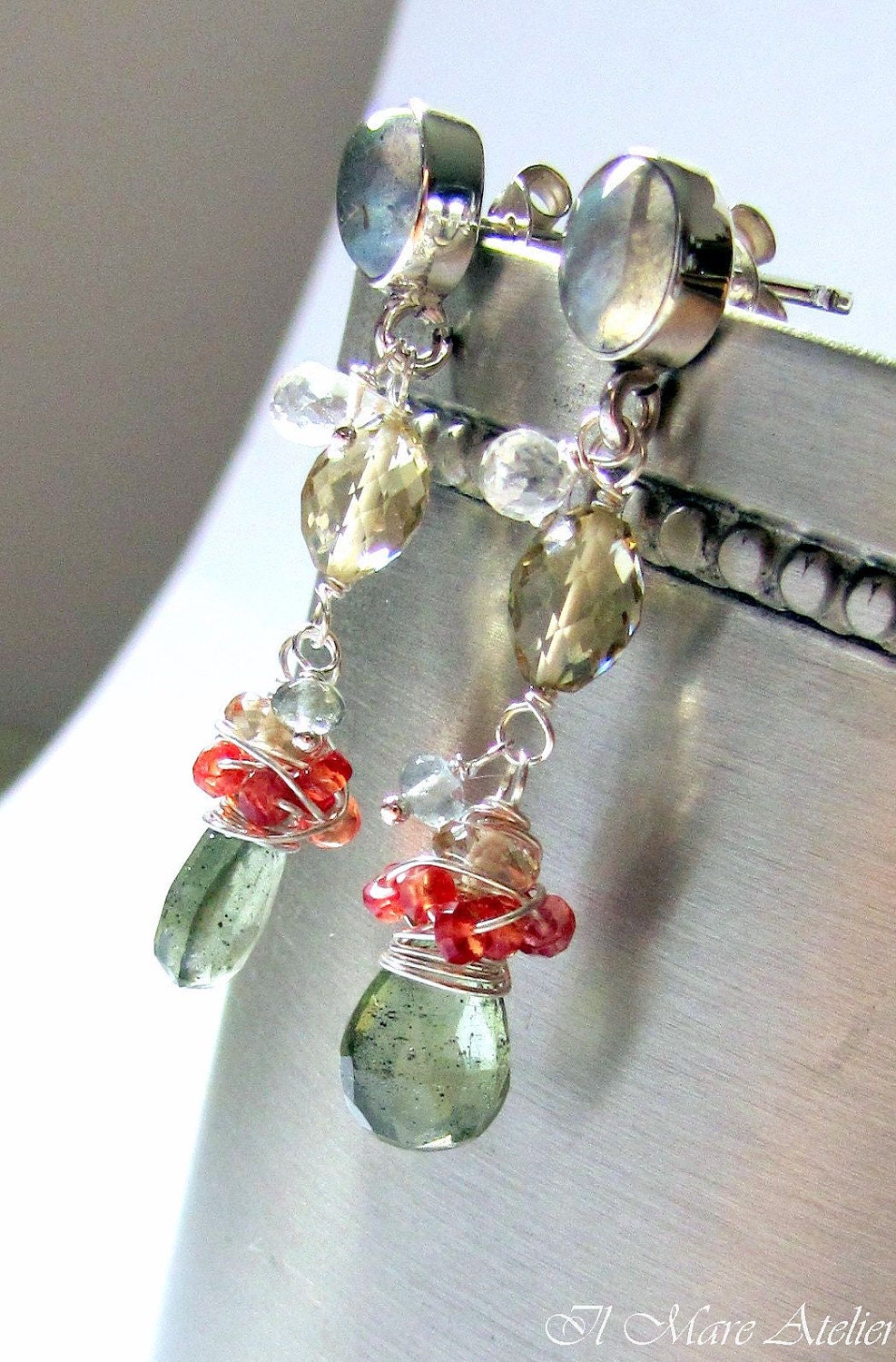 Moss aquamarine Sapphire Labradorite Quartz earrings - Mimosa