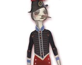 Napolonia  - articulated PAPER DOLL -  16.7  x 14.2  inches - drawing circus carnival freak suitcase lady doll red stripes