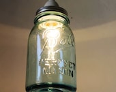 Mason Jar Light - Aqua Ocean Blue Sea Glass Modern Industrial Swag Lamp - Handcrafted Upcycled BootsNGus Hanging Pendant Lighting Fixture