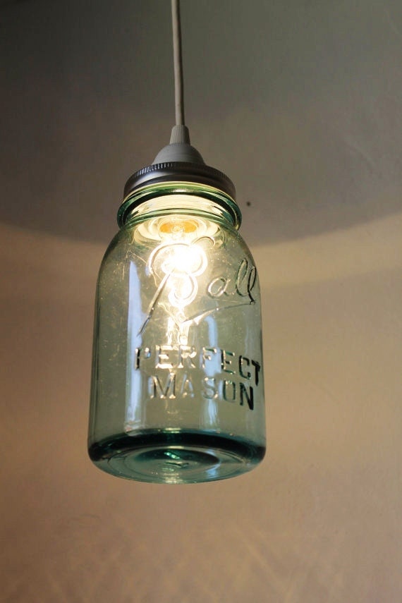 Mason Jar Light - Aqua Ocean Blue Sea Glass Modern Industrial Swag Lamp - Handcrafted Upcycled BootsNGus Hanging Pendant Lighting Fixture