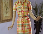 Vintage 70s Day Dress Nelly Don Yellow and Orange Plaid Day Dress w Leather Belt