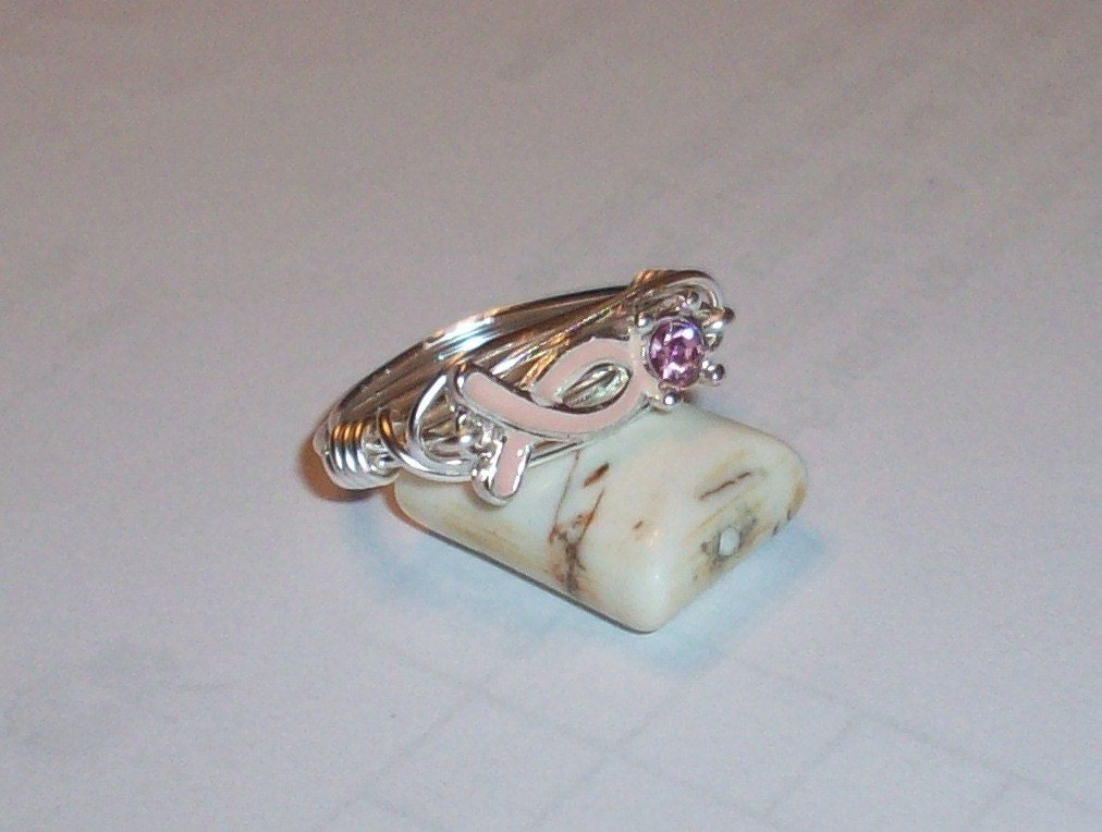 Breast Cancer Pink Ribbon Wire Wrapped Ring