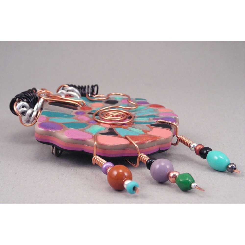 Handcrafted Brooch Pendant - Jewel Tones and Wire  No. 111