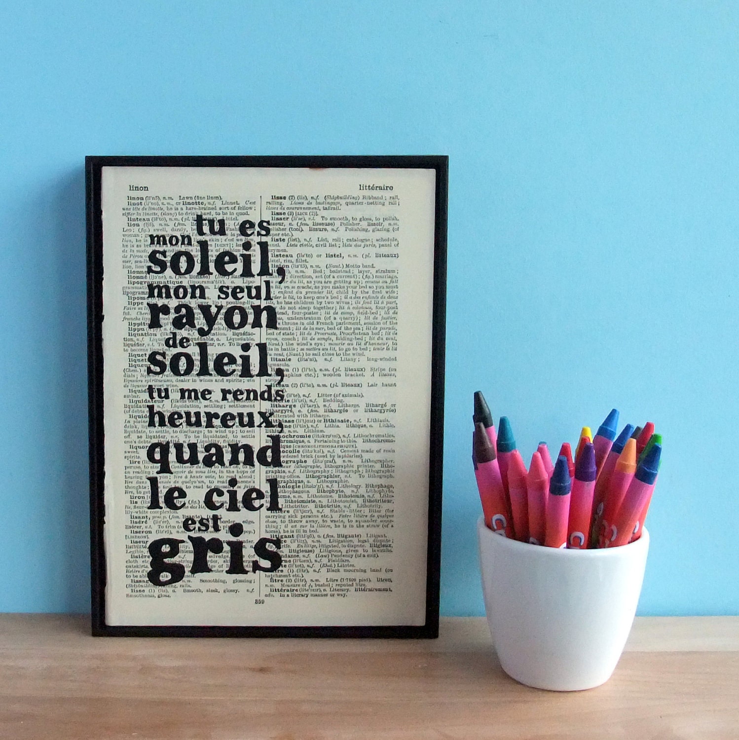 You are My Sunshine French typographic art on vintage book page nursery art