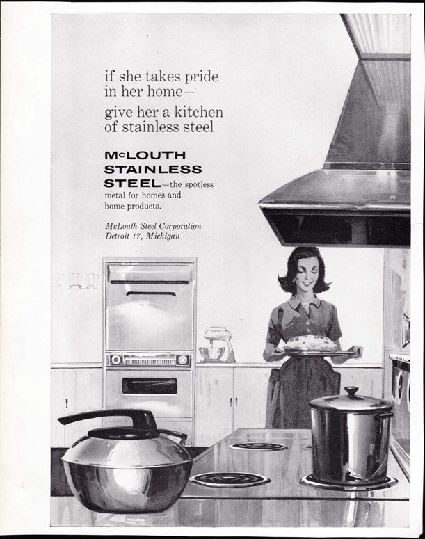 1961 Stainless Steel Kitchen ad McLouth vintage retro 1960s Mad Men housewife - Free U.S. shipping