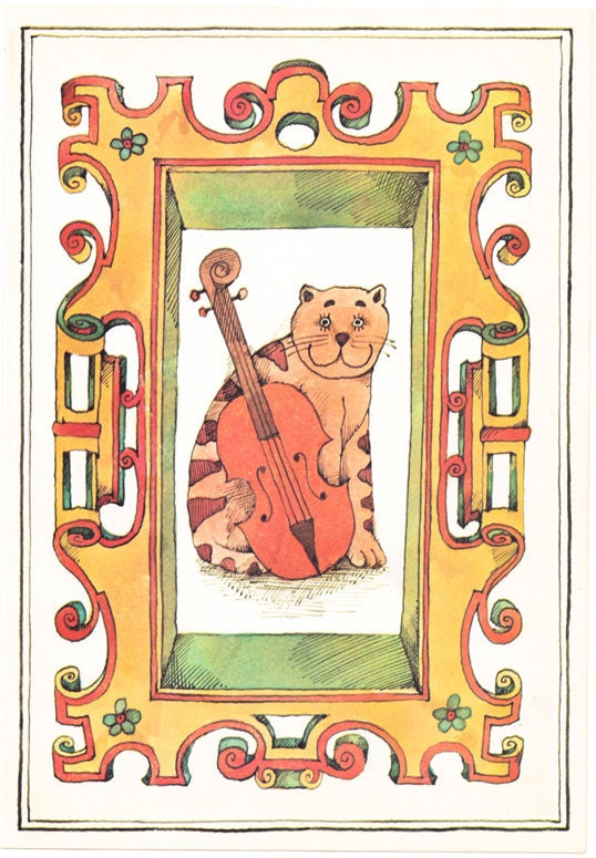 Vintage illustration page The Cat and the Fiddler for framing Lionel Kalish violin fiddle - Free U.S. shipping